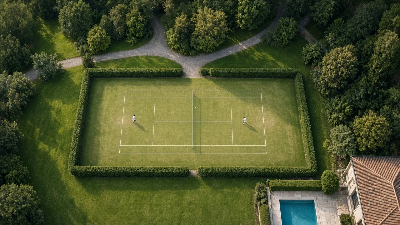Aerial view of a grass tennis court framed by hedges and trees
