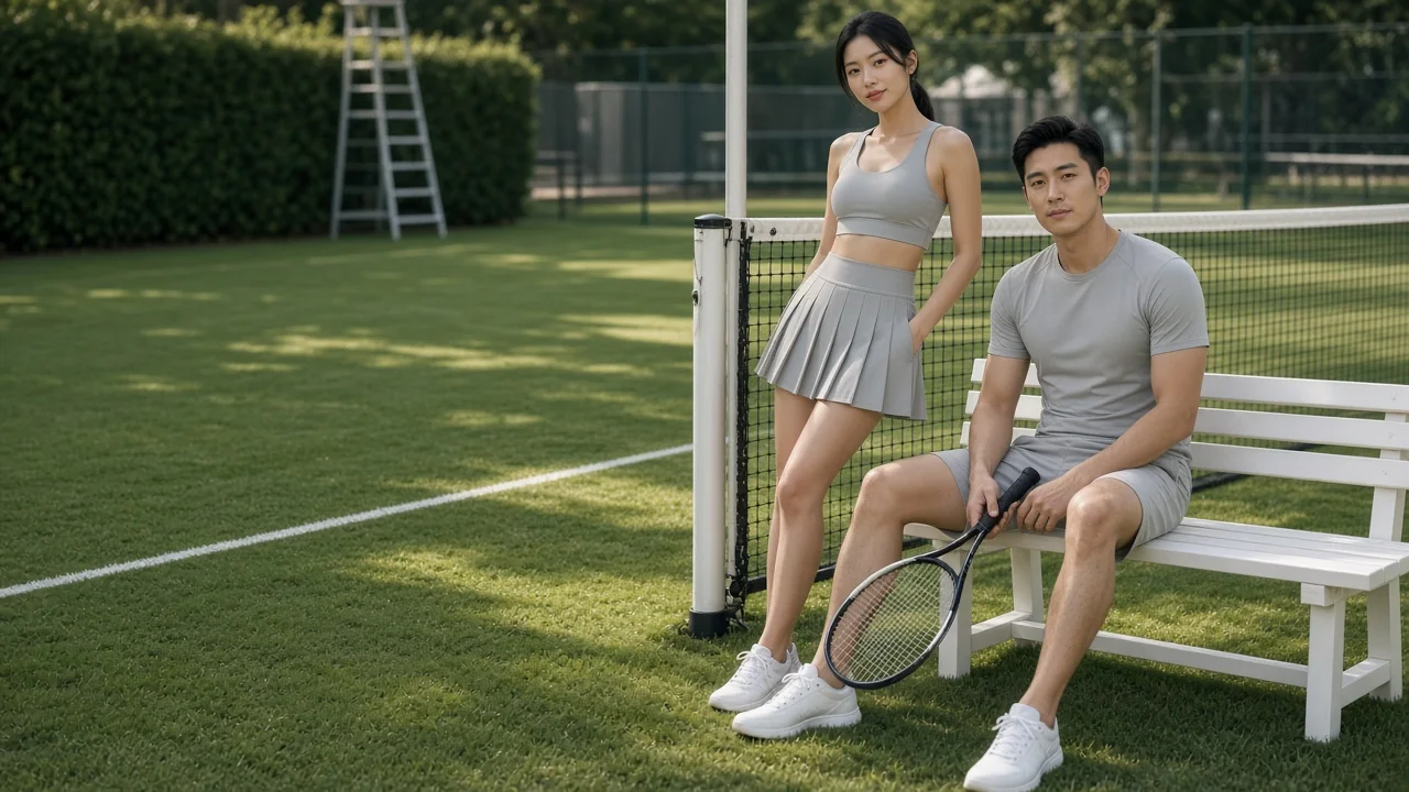 Two people in ivory Maison Rêve court sets resting beside a grass tennis court