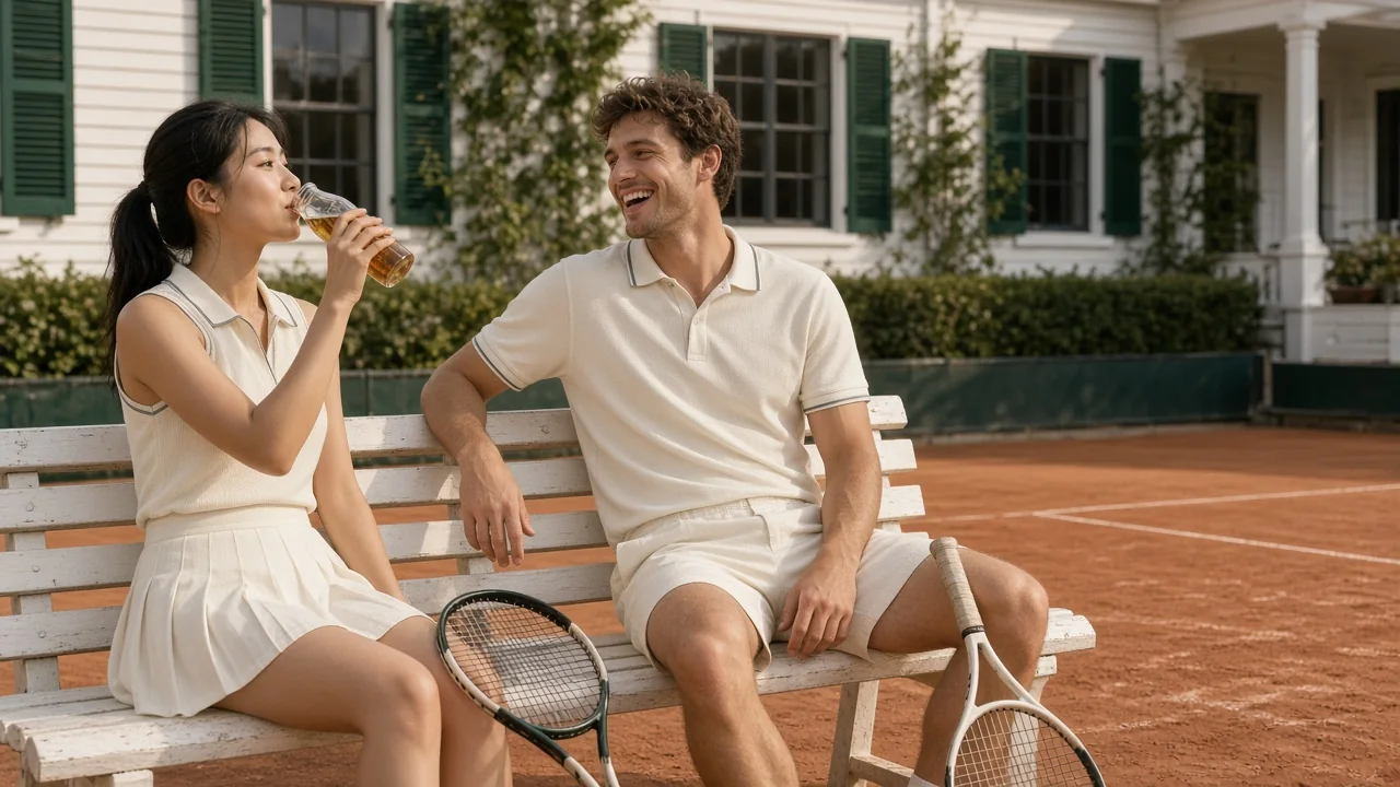 A couple in Maison Rêve court sets sitting on a bench beside a clay tennis court
