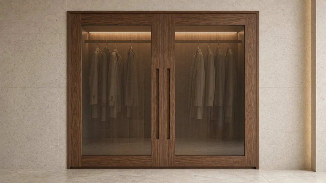 A walnut and smoked-glass wardrobe set into a stone wall, coats faintly visible behind the glass